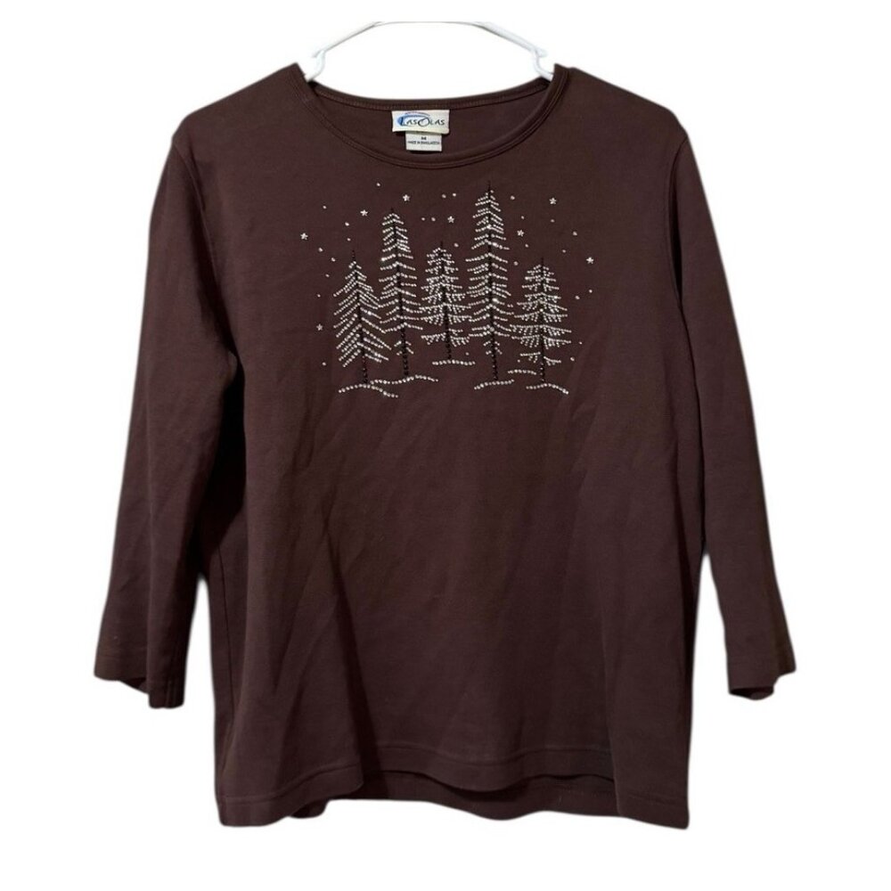 Las‎ Olas Women Size Medium Studded Christmas Tree Shirt Holiday Country Vintage